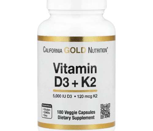 California Gold Nutrition, Vitamin D3 + K2 as MK-7, 180 Veg Capsules-image