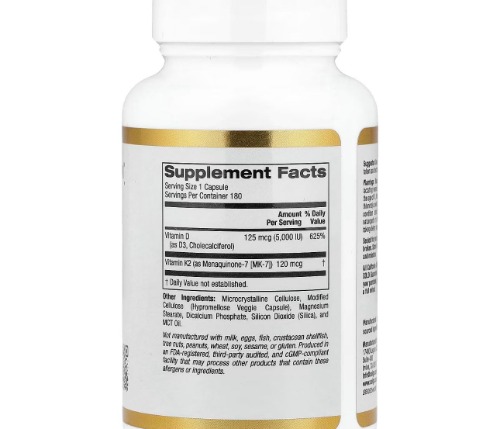 California Gold Nutrition, Vitamin D3 + K2 as MK-7, 180 Veg Capsules-image