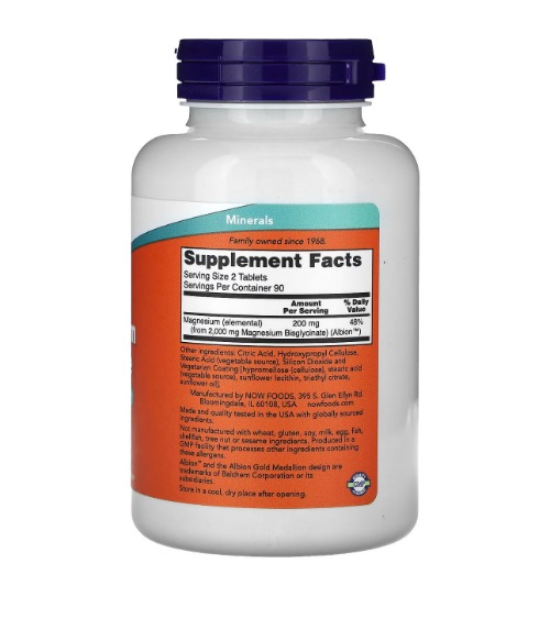NOW Foods, Magnesium Glycinate, 180 tablets (100 mg per tablet)-image