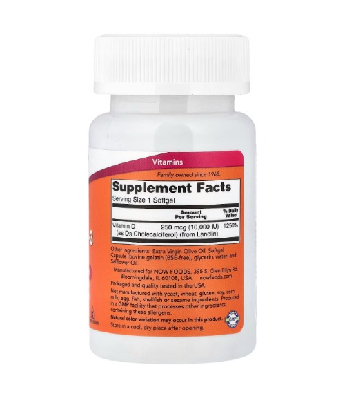 NOW Foods, High Potency Vitamin D-3, 10,000 IU, 120 Softgels-image
