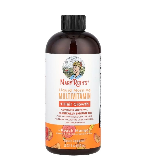 Liquid Morning Multivitamin + Hair Growth, Peach Mango, 450 ml (15.22 fl oz)-image